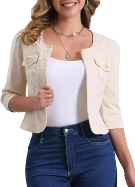Allegra K Denim Jacket for Women's Collarless 2025 Cardigan 3/4 Sleeve Crop Jean Jackets