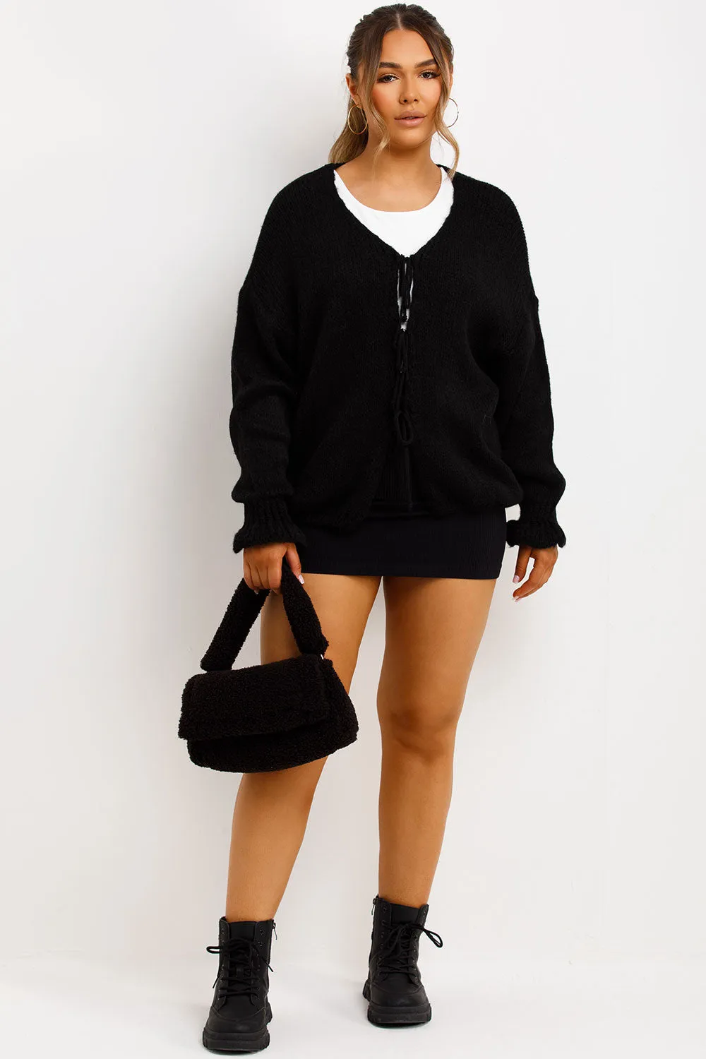 Black Knitted Cardigan With Tie Front