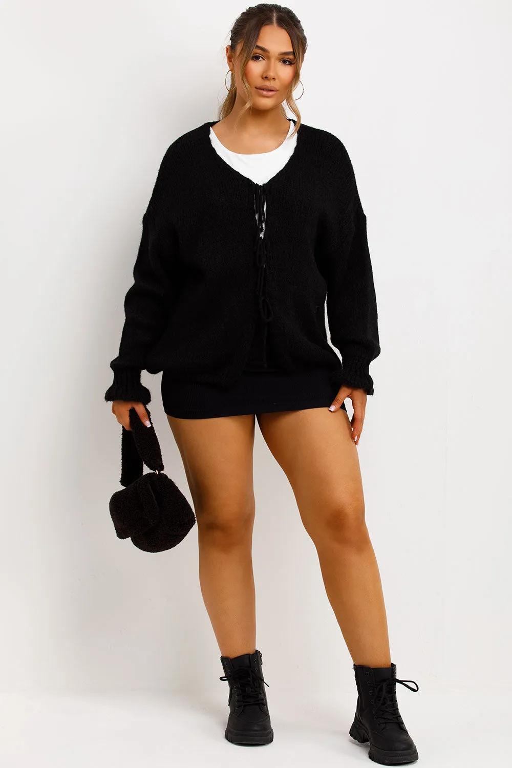 Black Knitted Cardigan With Tie Front