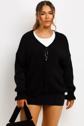 Black Knitted Cardigan With Tie Front