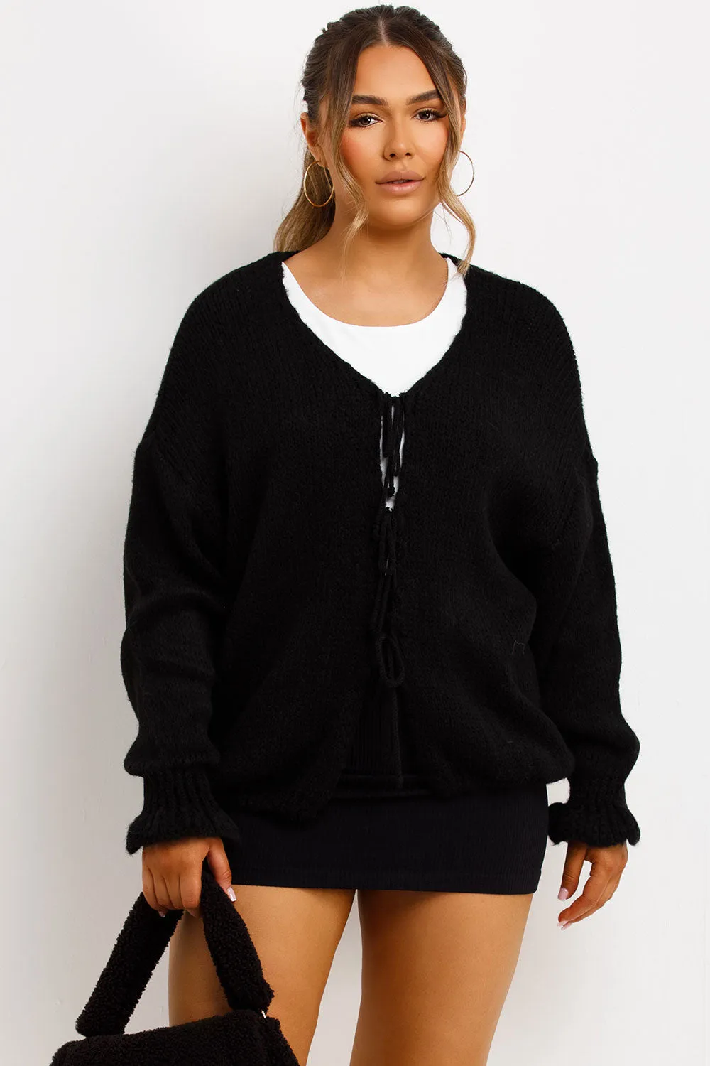 Black Knitted Cardigan With Tie Front