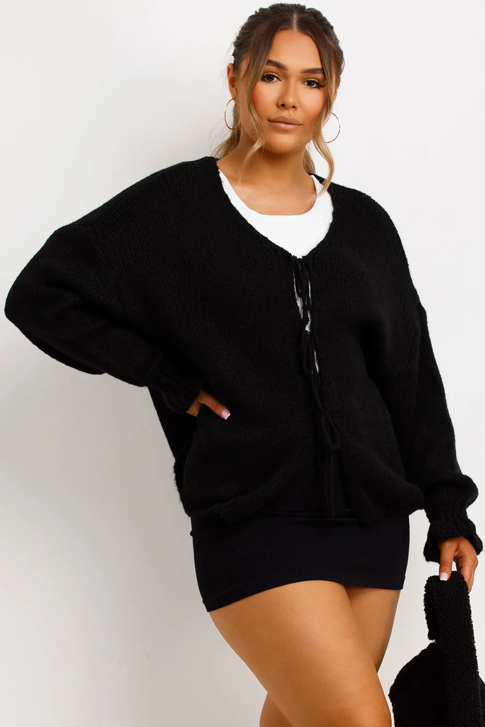 Black Knitted Cardigan With Tie Front