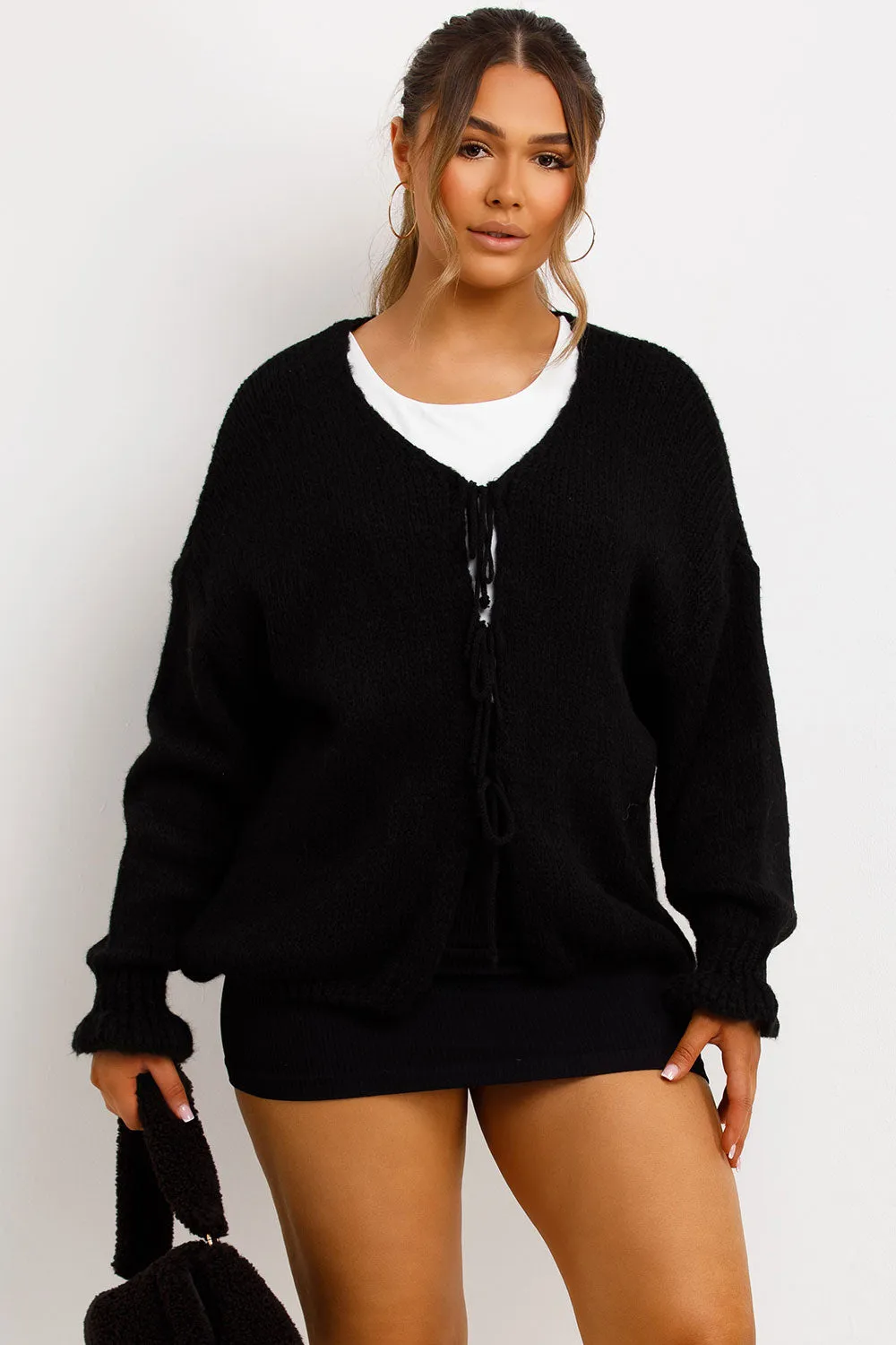 Black Knitted Cardigan With Tie Front