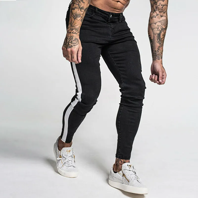 Black with White Side Stripe Men Skinny Jeans