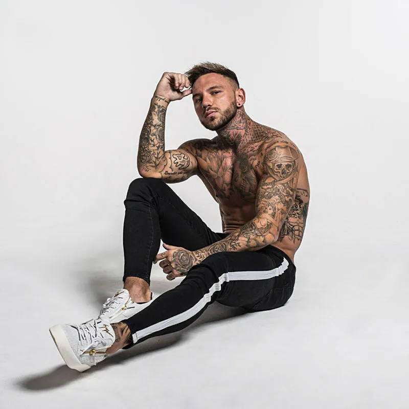 Black with White Side Stripe Men Skinny Jeans