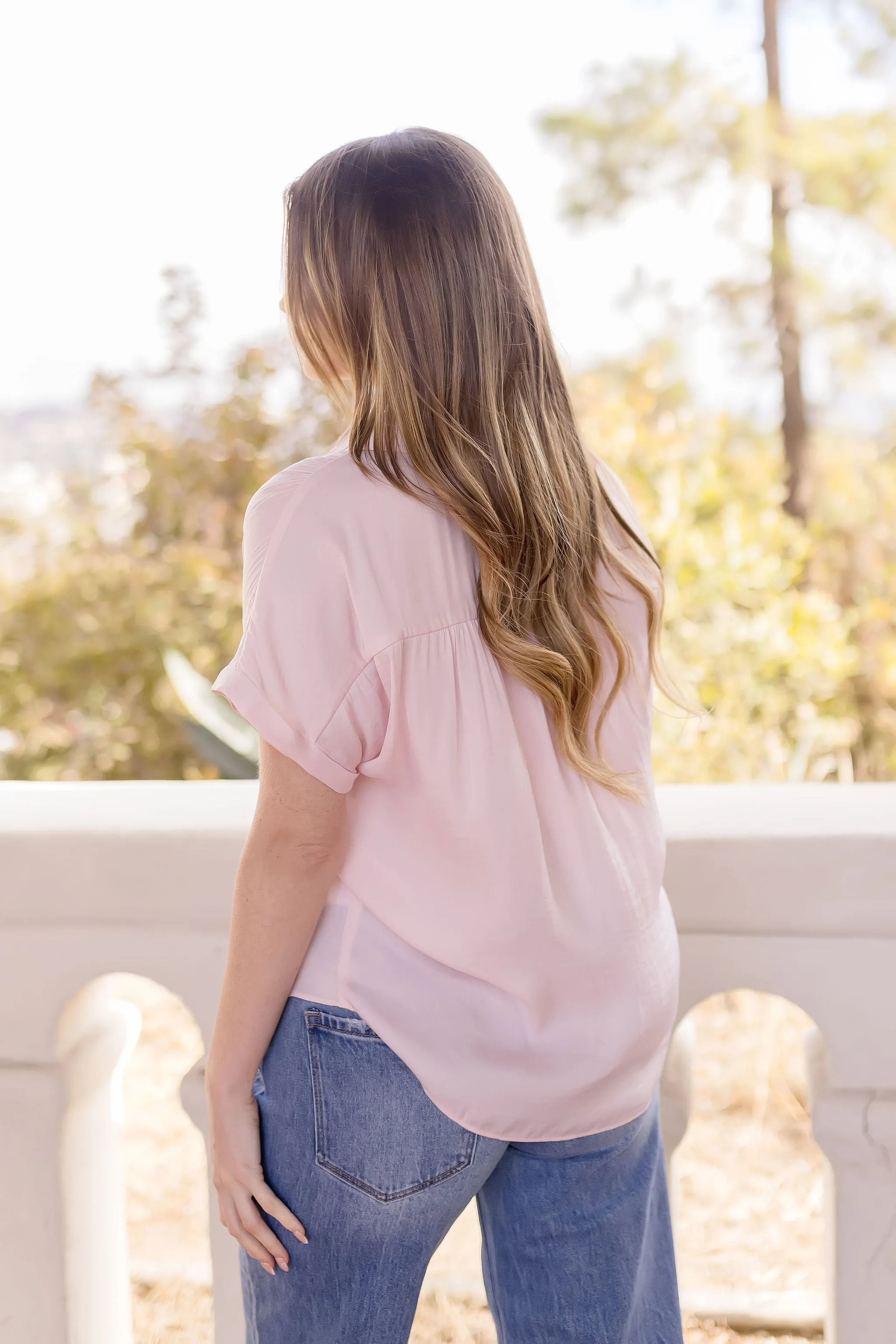 Callie Short Sleeve Button Down Top Pink