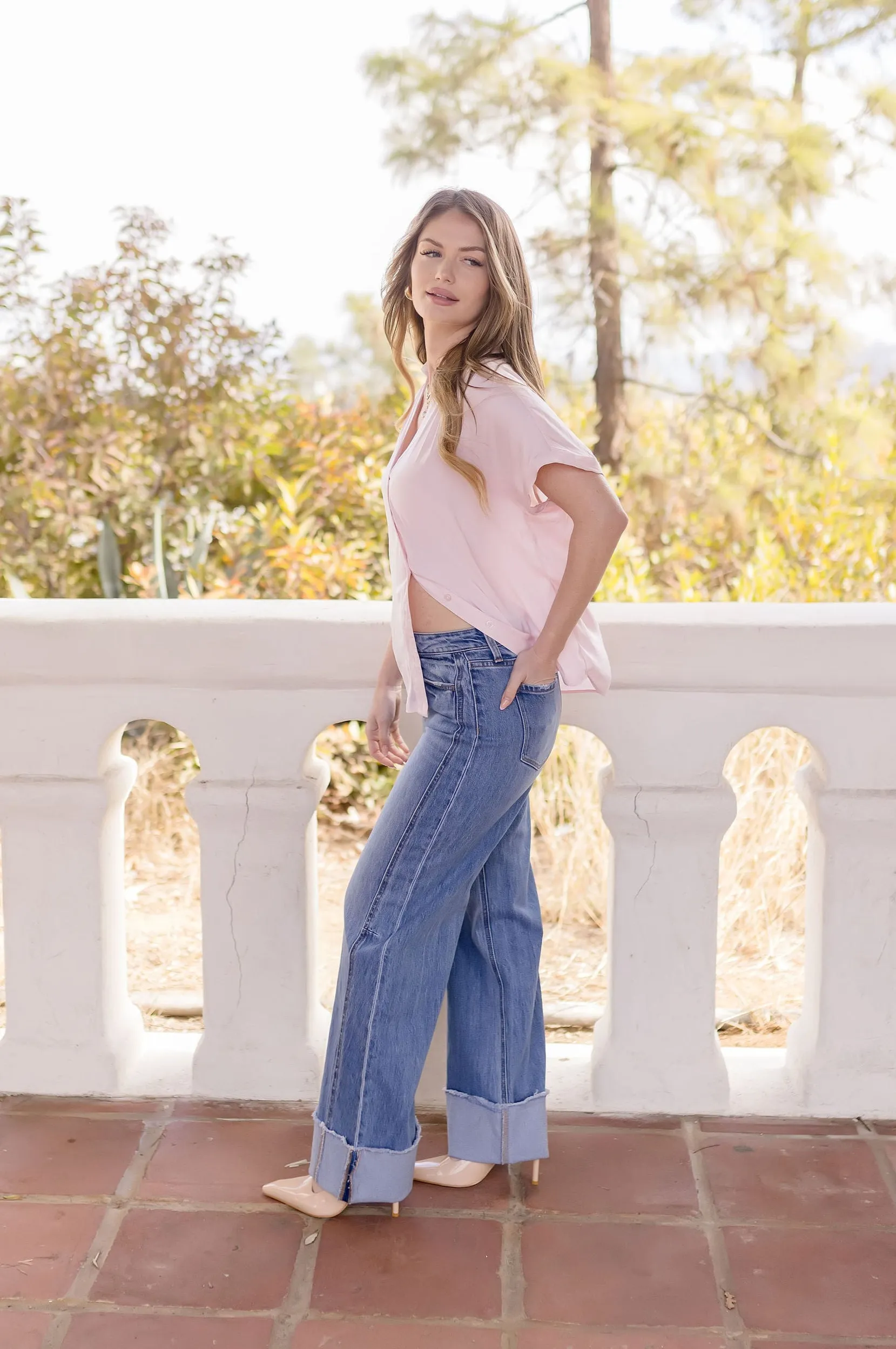 Callie Short Sleeve Button Down Top Pink