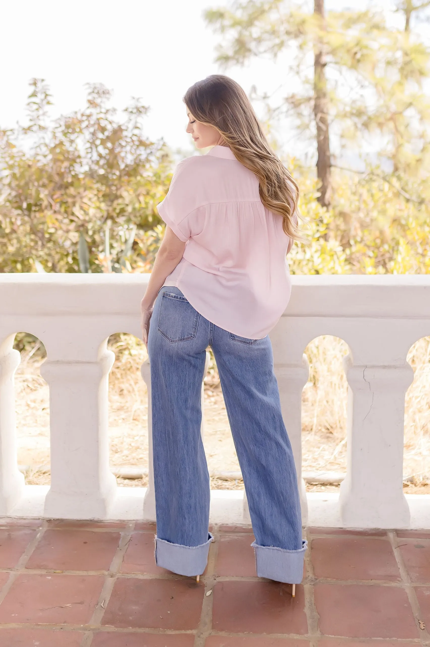 Callie Short Sleeve Button Down Top Pink