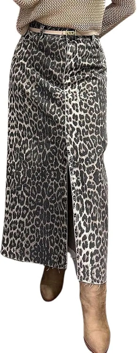 CHARTOU Women Y2k Leopard Denim Skirt Sexy Slit High Waist Long Pencil Jean Skirt