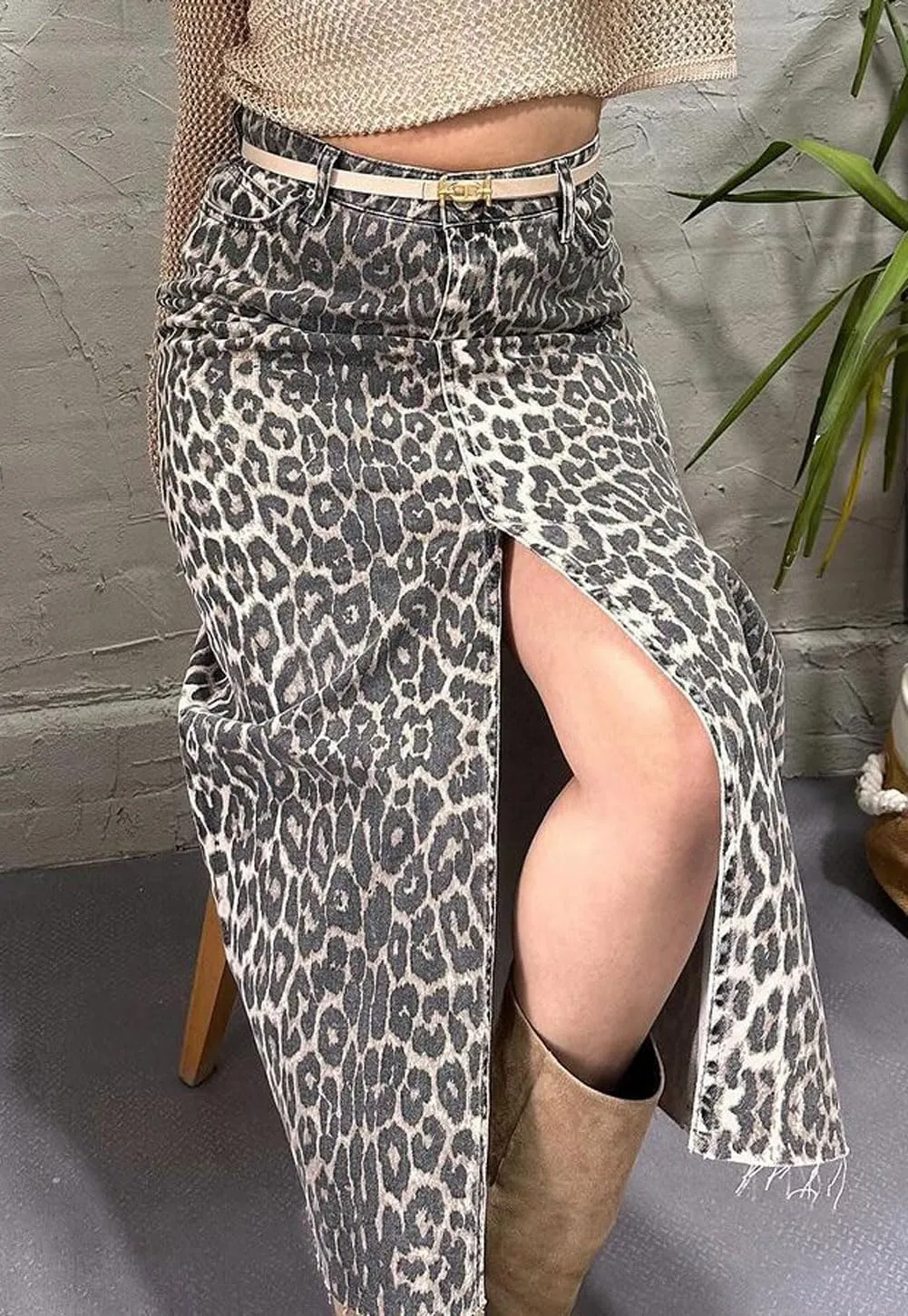 CHARTOU Women Y2k Leopard Denim Skirt Sexy Slit High Waist Long Pencil Jean Skirt