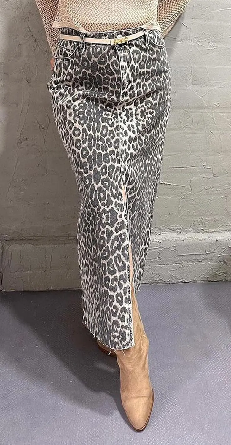 CHARTOU Women Y2k Leopard Denim Skirt Sexy Slit High Waist Long Pencil Jean Skirt