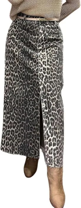 CHARTOU Women Y2k Leopard Denim Skirt Sexy Slit High Waist Long Pencil Jean Skirt
