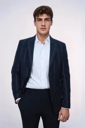Checked Navy Blue Slim-Fit Blazer - Wessi