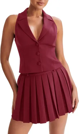Cicy Bell Womens Summer 2 Piece Outfits V Neck Blazer Vest Matching Sets and Mini Pleated Skirts