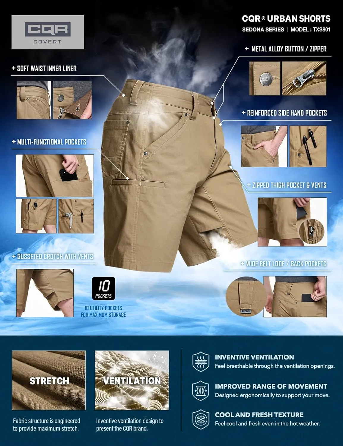 CQR Men's Stretch Utility Shorts, Lightweight Quick Dry Casual Shorts, Hiking Golf Cargo Shorts with Zipper Pockets