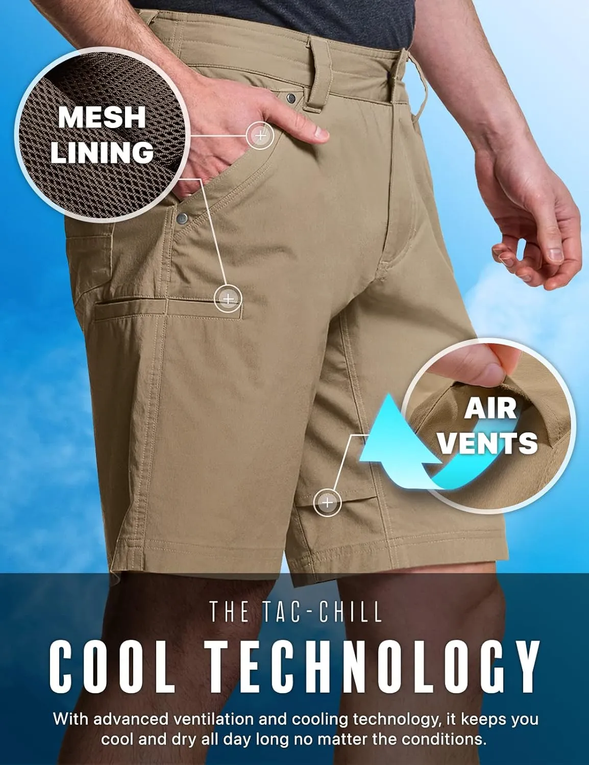 CQR Men's Stretch Utility Shorts, Lightweight Quick Dry Casual Shorts, Hiking Golf Cargo Shorts with Zipper Pockets