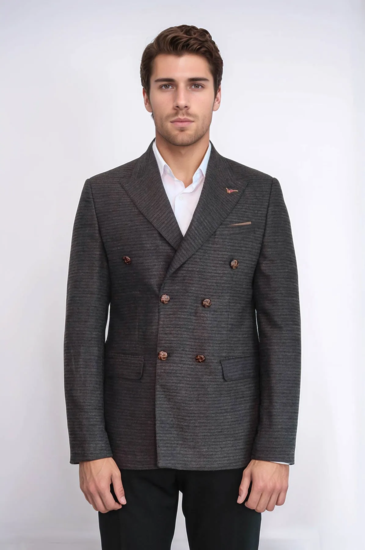 Double Breasted Slim Fit Brown Blazer - Wessi