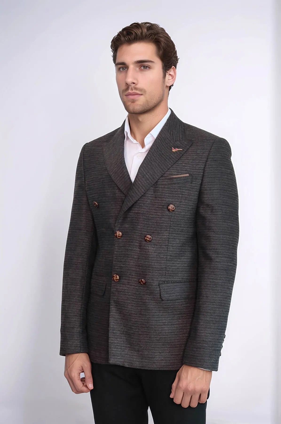 Double Breasted Slim Fit Brown Blazer - Wessi