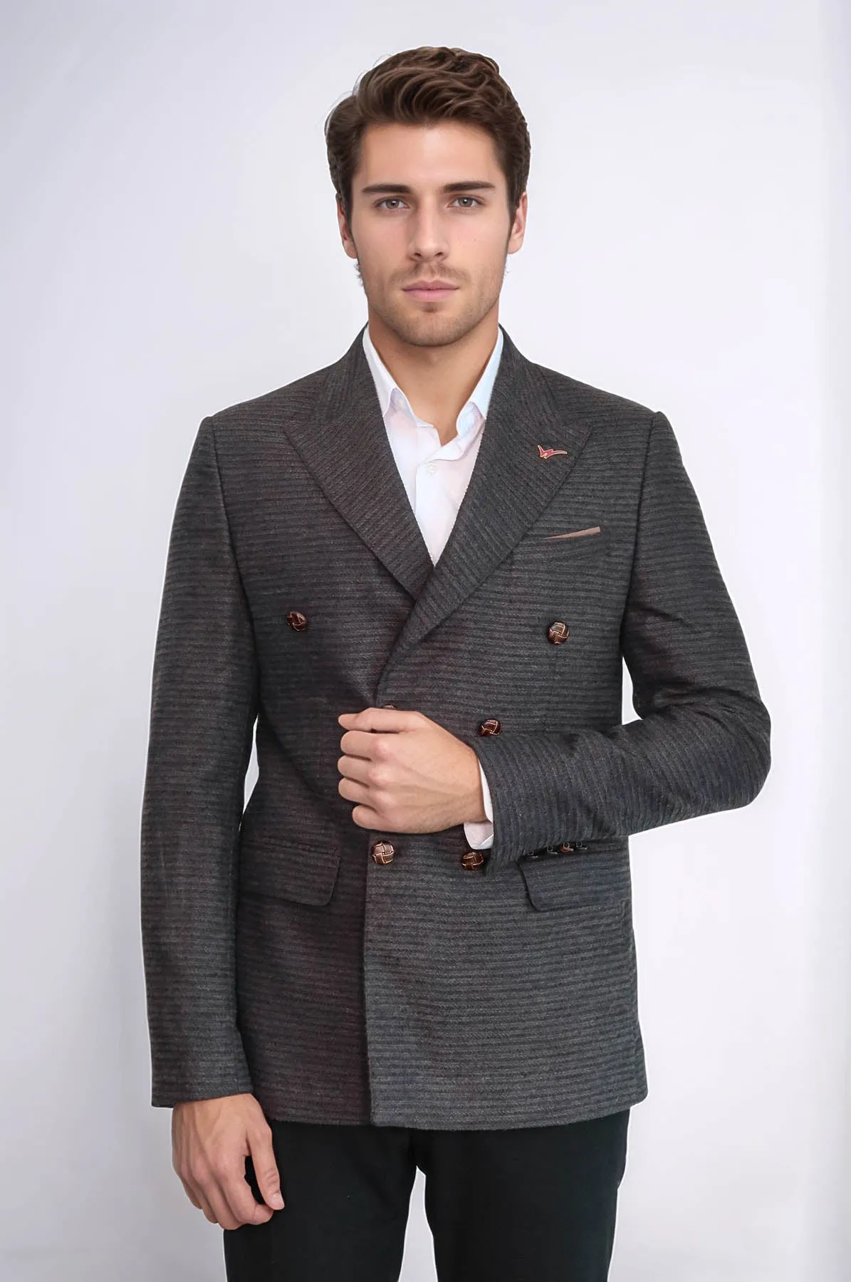 Double Breasted Slim Fit Brown Blazer - Wessi
