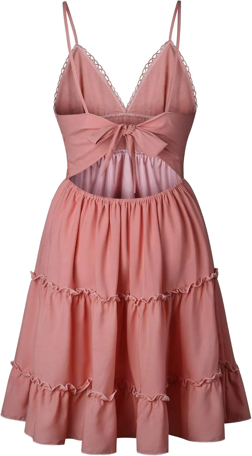 ECOWISH Summer Dresses for Women 2025 V-Neck Spaghetti Strap Bowknot Backless Sleeveless Lace Mini Swing Skater Dress