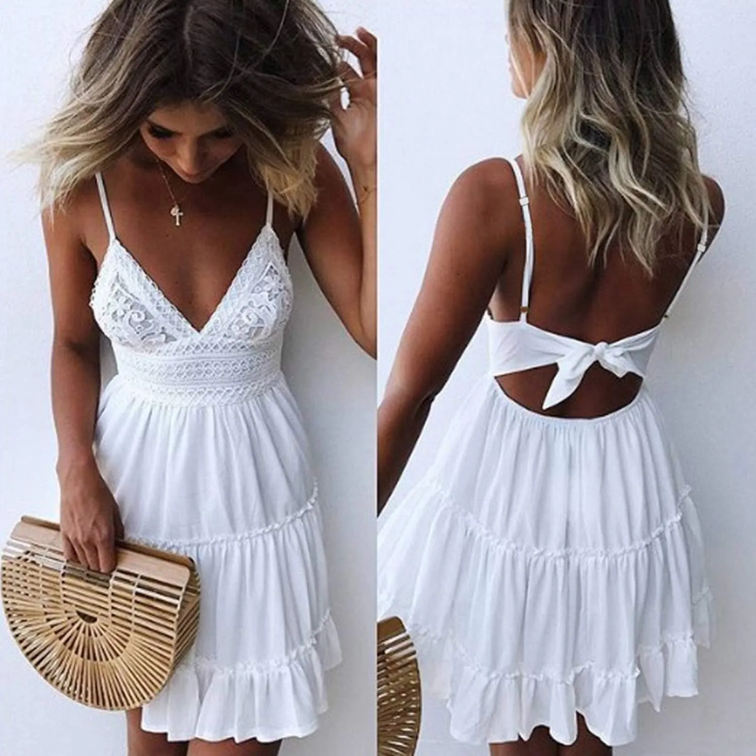ECOWISH Summer Dresses for Women 2025 V-Neck Spaghetti Strap Bowknot Backless Sleeveless Lace Mini Swing Skater Dress