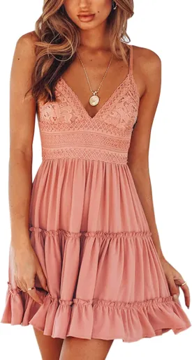 ECOWISH Summer Dresses for Women 2025 V-Neck Spaghetti Strap Bowknot Backless Sleeveless Lace Mini Swing Skater Dress