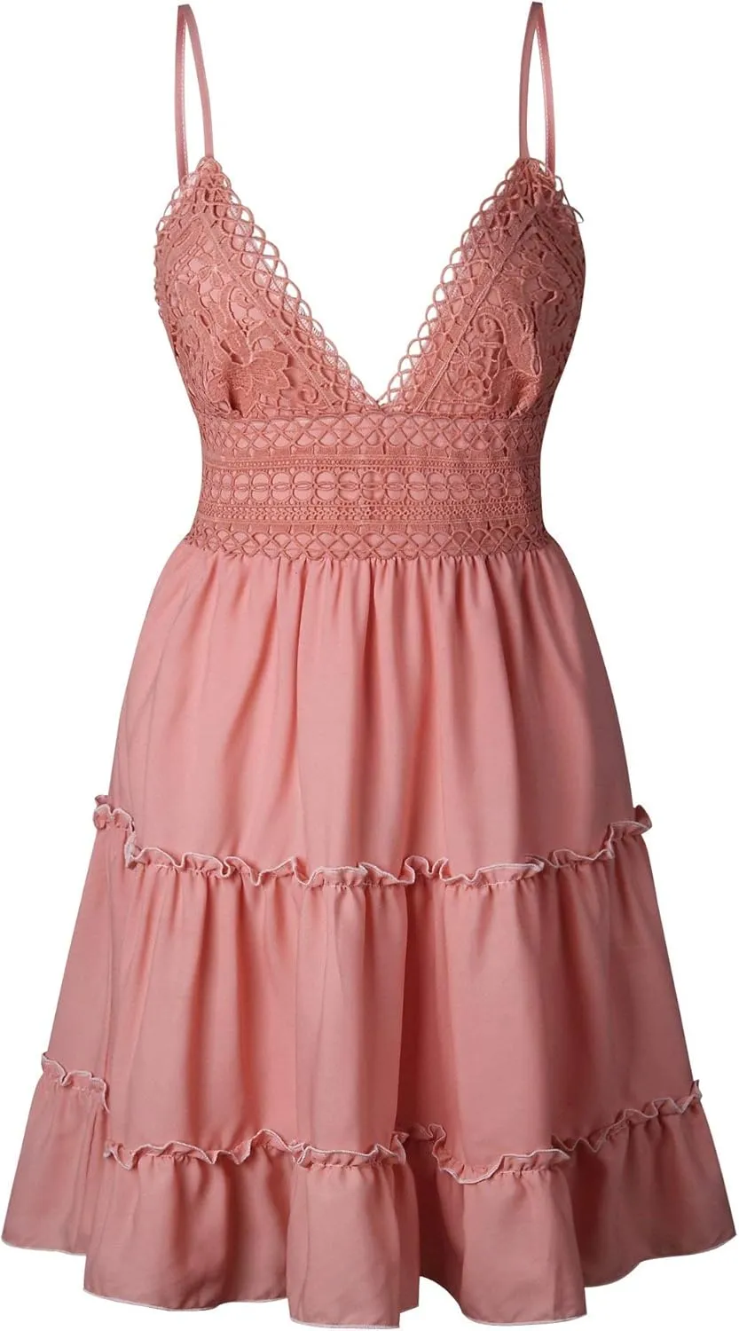 ECOWISH Summer Dresses for Women 2025 V-Neck Spaghetti Strap Bowknot Backless Sleeveless Lace Mini Swing Skater Dress