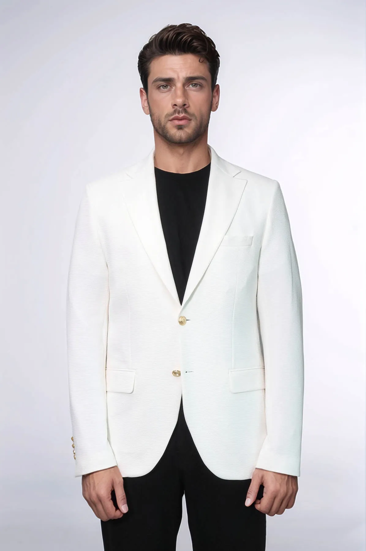 Ecru Textured Gold Metal Button Slim Fit Men's Blazer Jacket - Wessi