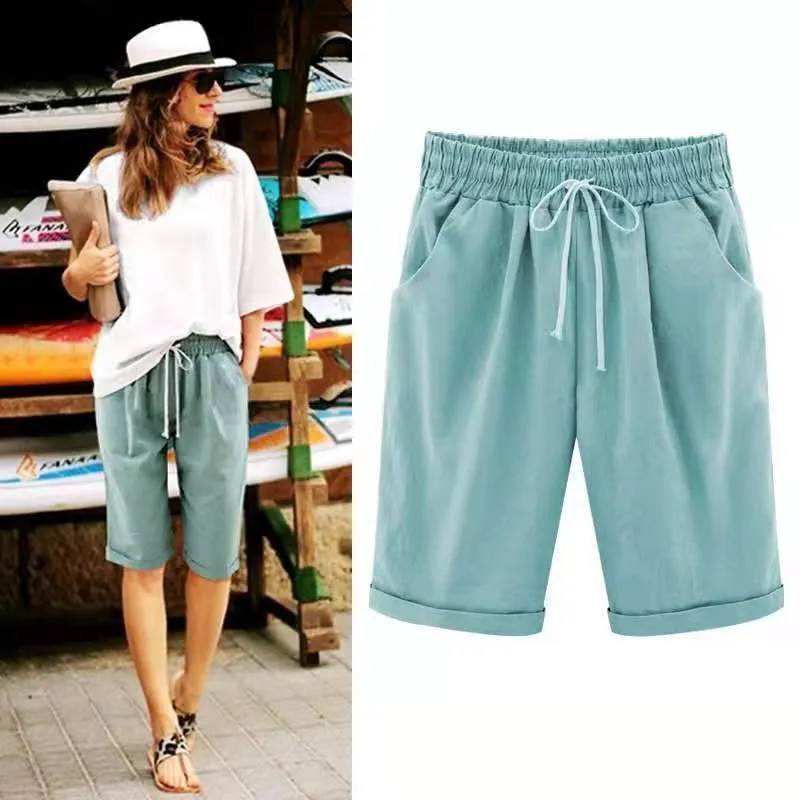 Elastic Waist Casual Comfort Summer Lace Up Cotton Shorts