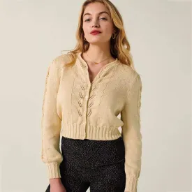 Embroidered Floral Beige Short Knitted Cardigan