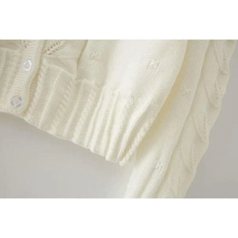 Embroidered Floral Beige Short Knitted Cardigan
