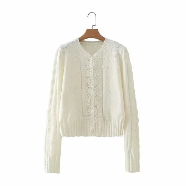 Embroidered Floral Beige Short Knitted Cardigan