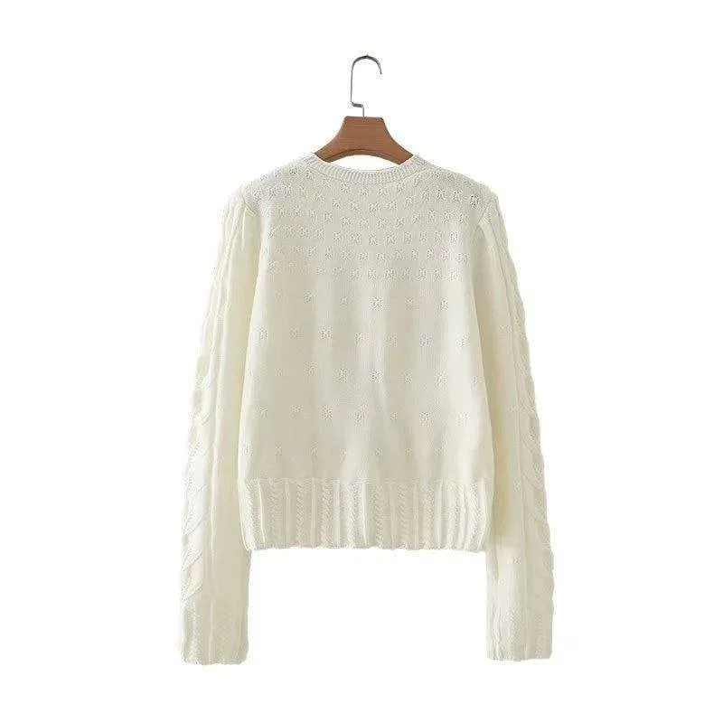 Embroidered Floral Beige Short Knitted Cardigan