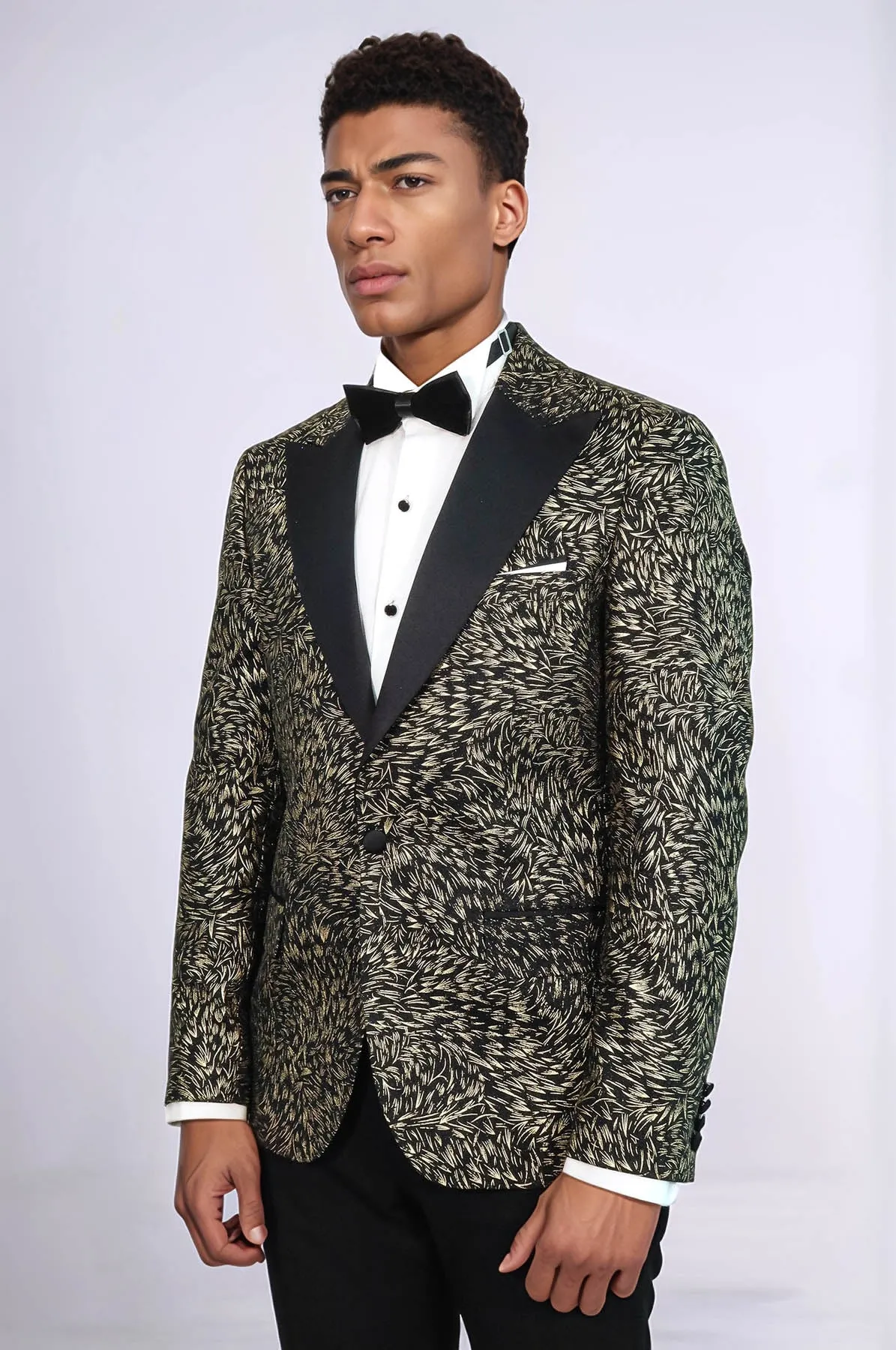 Feather Patterned Slim Fit Black Men Party Blazer - Wessi