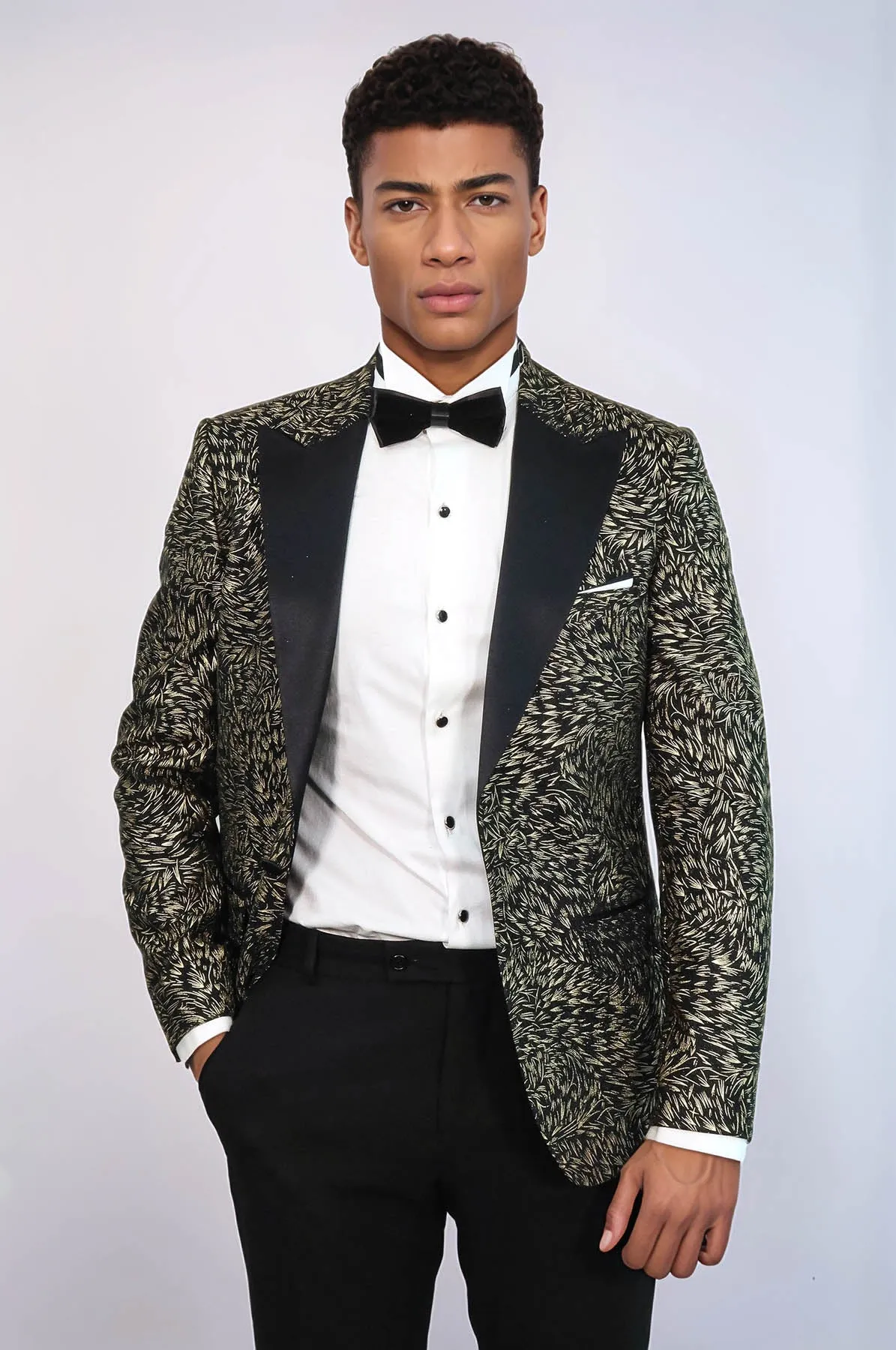 Feather Patterned Slim Fit Black Men Party Blazer - Wessi