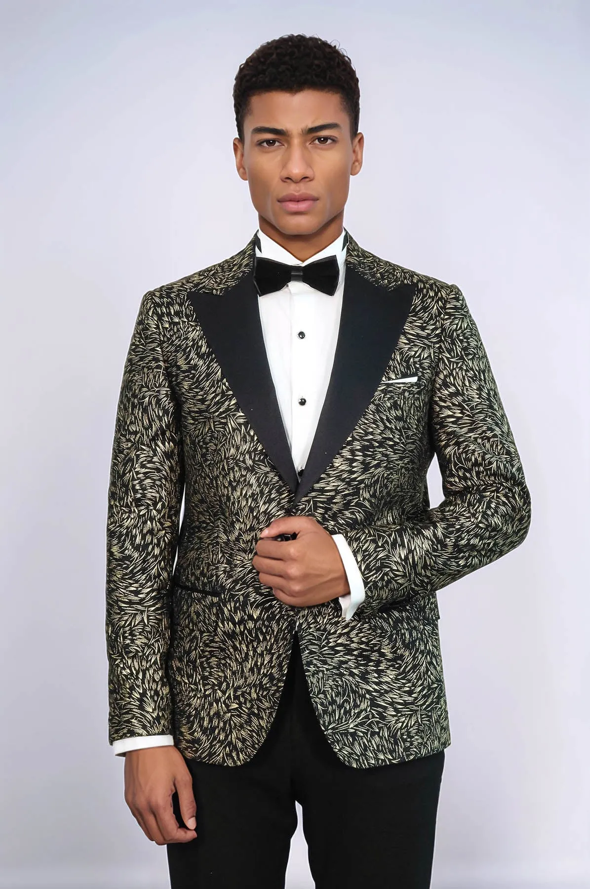 Feather Patterned Slim Fit Black Men Party Blazer - Wessi