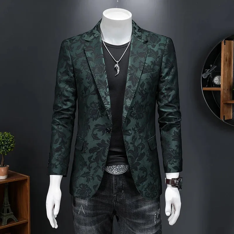 Floral Jacquard Slim-Fit Casual Blazer