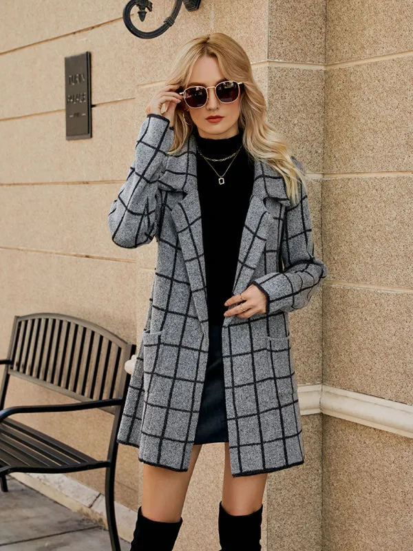 Genevieve Women's Houndstooth Lapel Knitted Cardigan