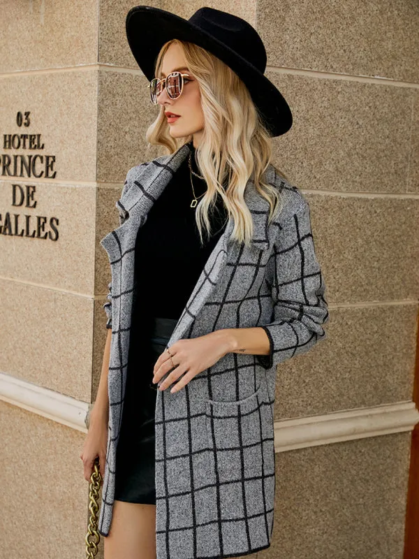 Genevieve Women's Houndstooth Lapel Knitted Cardigan