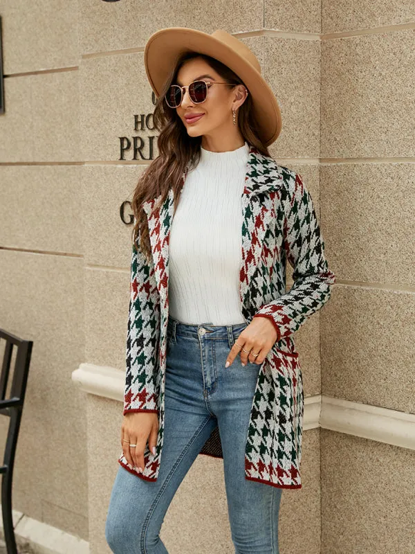 Genevieve Women's Houndstooth Lapel Knitted Cardigan