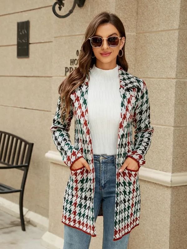 Genevieve Women's Houndstooth Lapel Knitted Cardigan