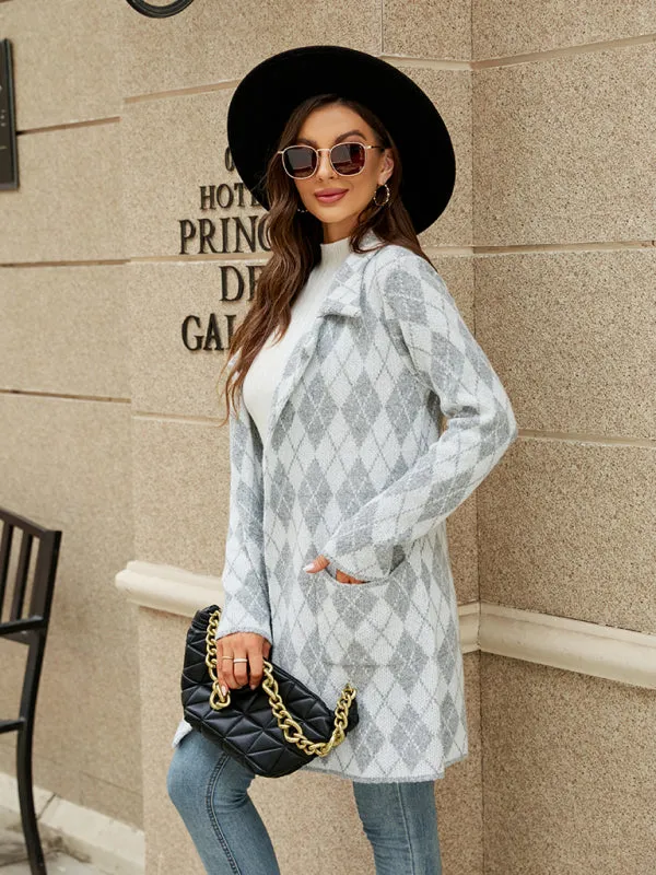 Genevieve Women's Houndstooth Lapel Knitted Cardigan