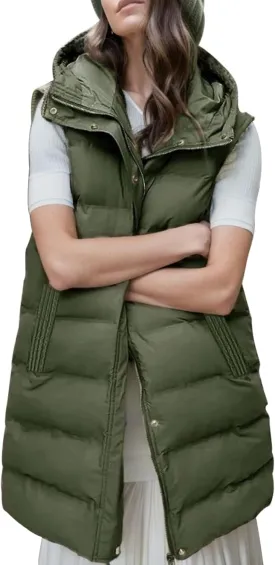Gihuo Women's Long Puffer Vest Winter Quilted Hooded Sleeveless Zip Up Long Jacket Vest Gilet