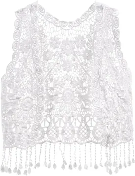 Girls Crochet Vest Cardigan with Fringe V-Neck Sleeveless Boho Vest Hollow Out Cardigan