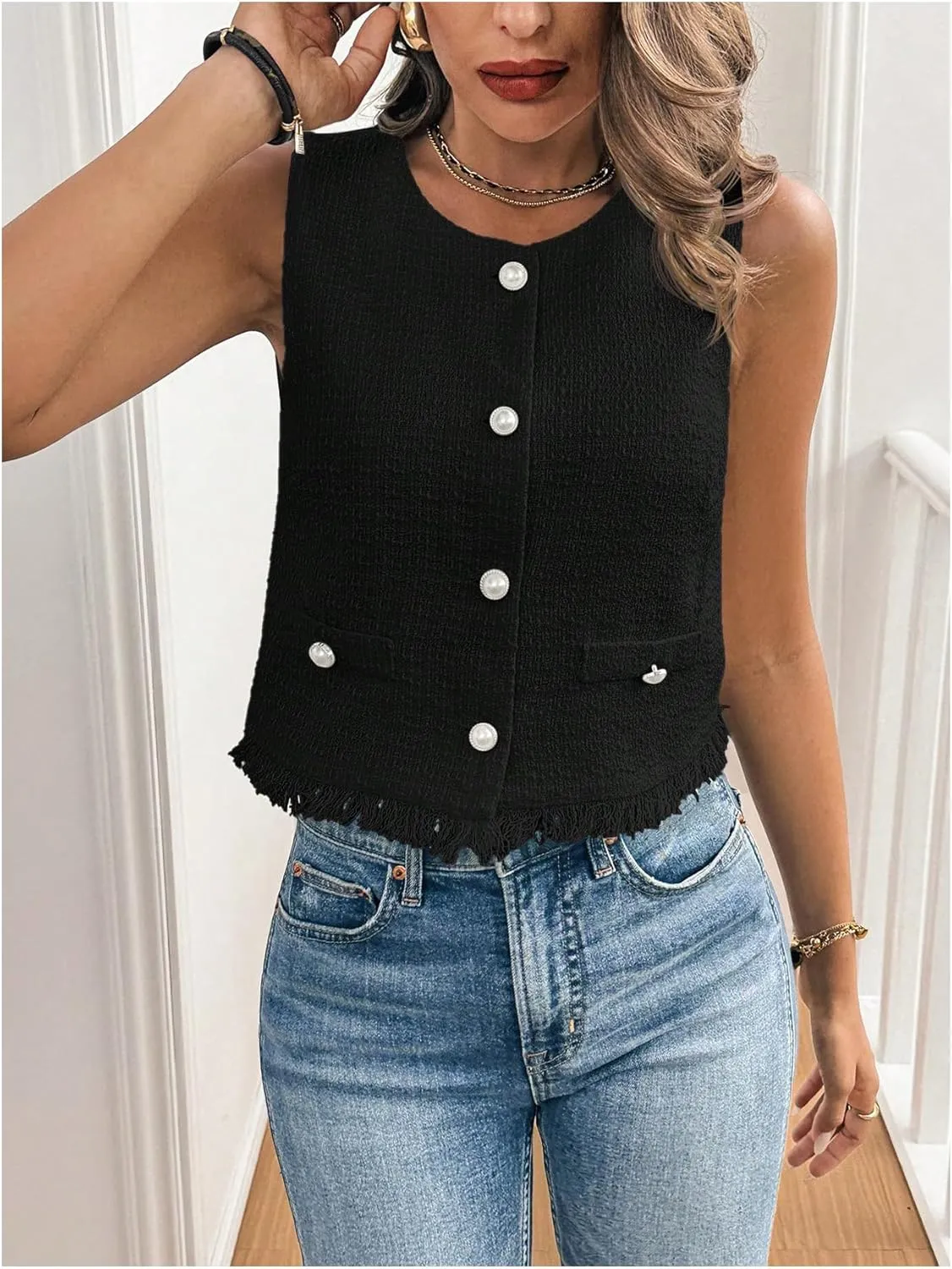 GORGLITTER Women's Tweed Blazer Vest Sleeveless Fringe Pearl Button Vest Jacket Business Casual Work Vest Tops 2025