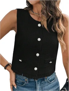 GORGLITTER Women's Tweed Blazer Vest Sleeveless Fringe Pearl Button Vest Jacket Business Casual Work Vest Tops 2025