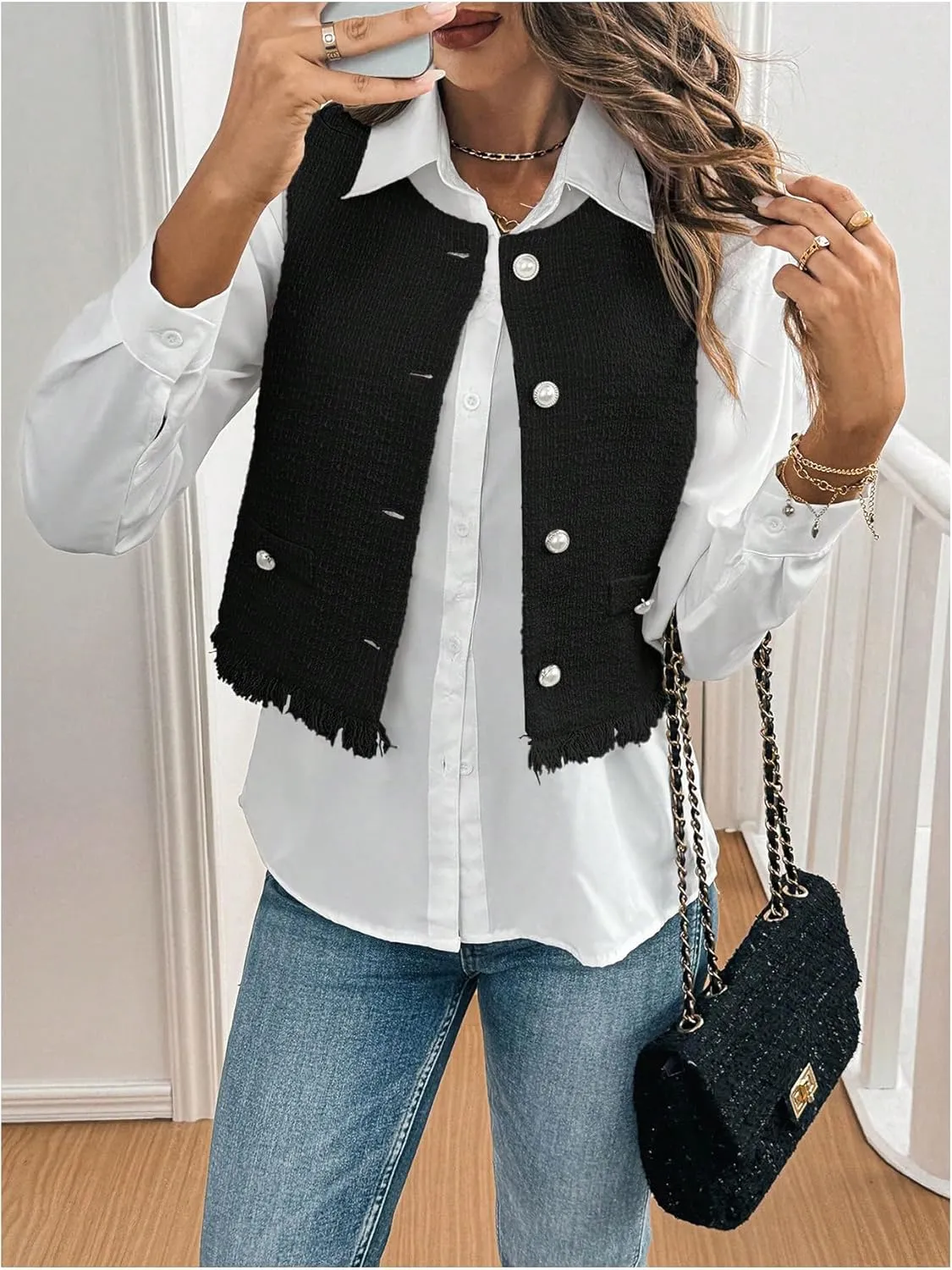 GORGLITTER Women's Tweed Blazer Vest Sleeveless Fringe Pearl Button Vest Jacket Business Casual Work Vest Tops 2025