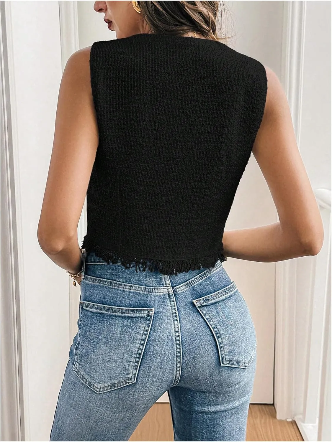 GORGLITTER Women's Tweed Blazer Vest Sleeveless Fringe Pearl Button Vest Jacket Business Casual Work Vest Tops 2025