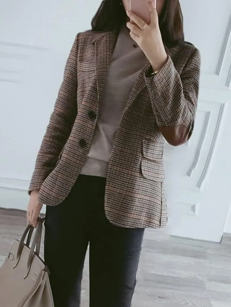 Hotmiss Womens Houndstooth Plaid Blazer Suits Nothced Lapel Single Breasted Jacket Coat with Patched Elbow