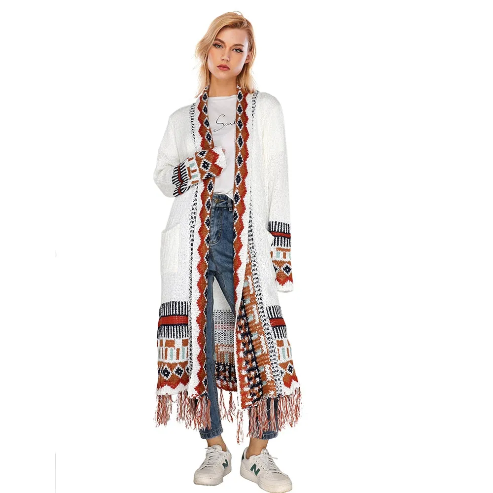 Long Cardigan Knitted Boho with Fringe Tassel